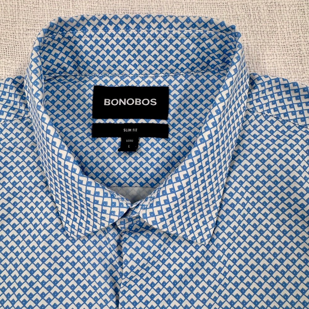 Bonobos Slim Fit Long Short Sleeve Button Down Shirt Blue Geometric Tile Mens L